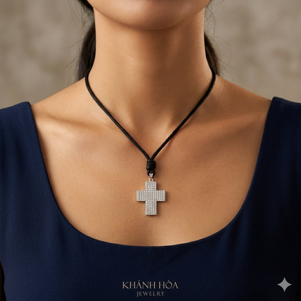 Elegant Multicolor Rhinestone Cross Charm 92.5 Sterling Silver  Necklace Pendant Jewelry