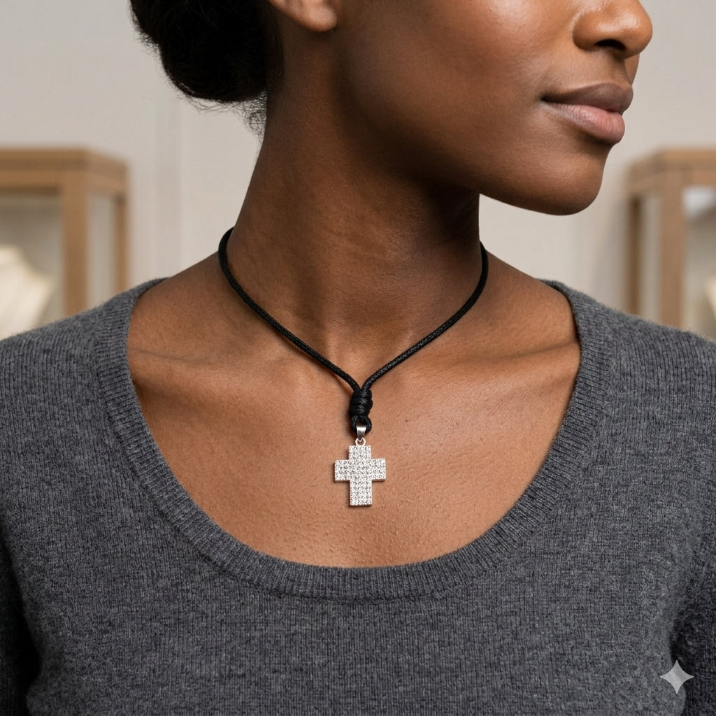 Elegant Multicolor Rhinestone Cross Charm 92.5 Sterling Silver  Necklace Pendant Jewelry