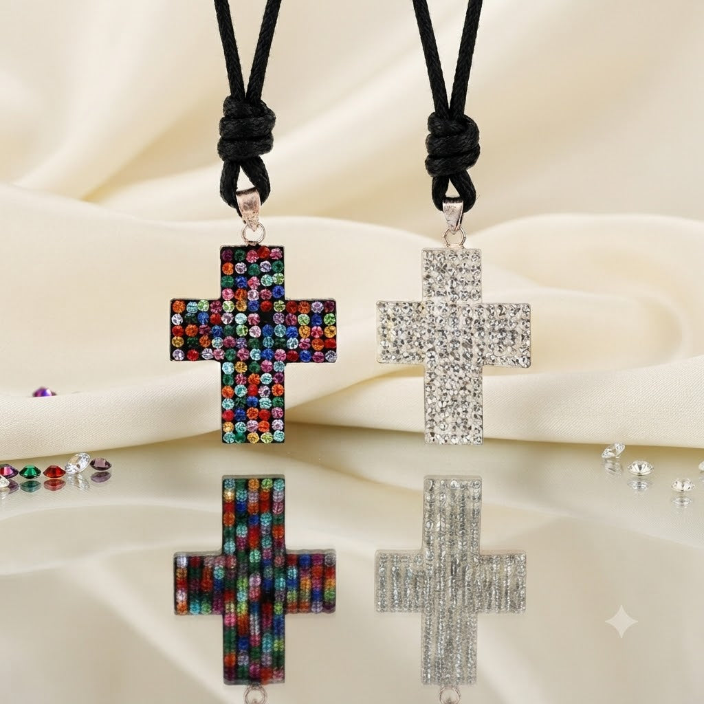 Elegant Multicolor Rhinestone Cross Charm 92.5 Sterling Silver  Necklace Pendant Jewelry