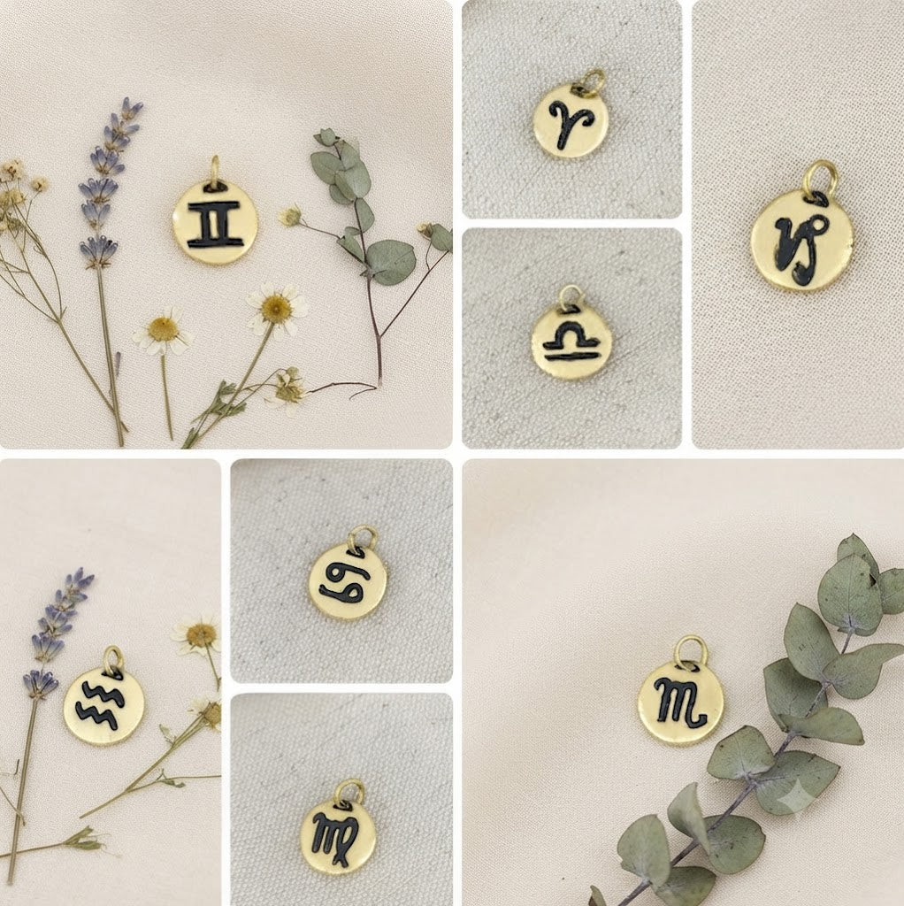 Astrology Gold 92.5 Sterling Silver Brass Charm Necklace Pendant Horoscope Zodiac
