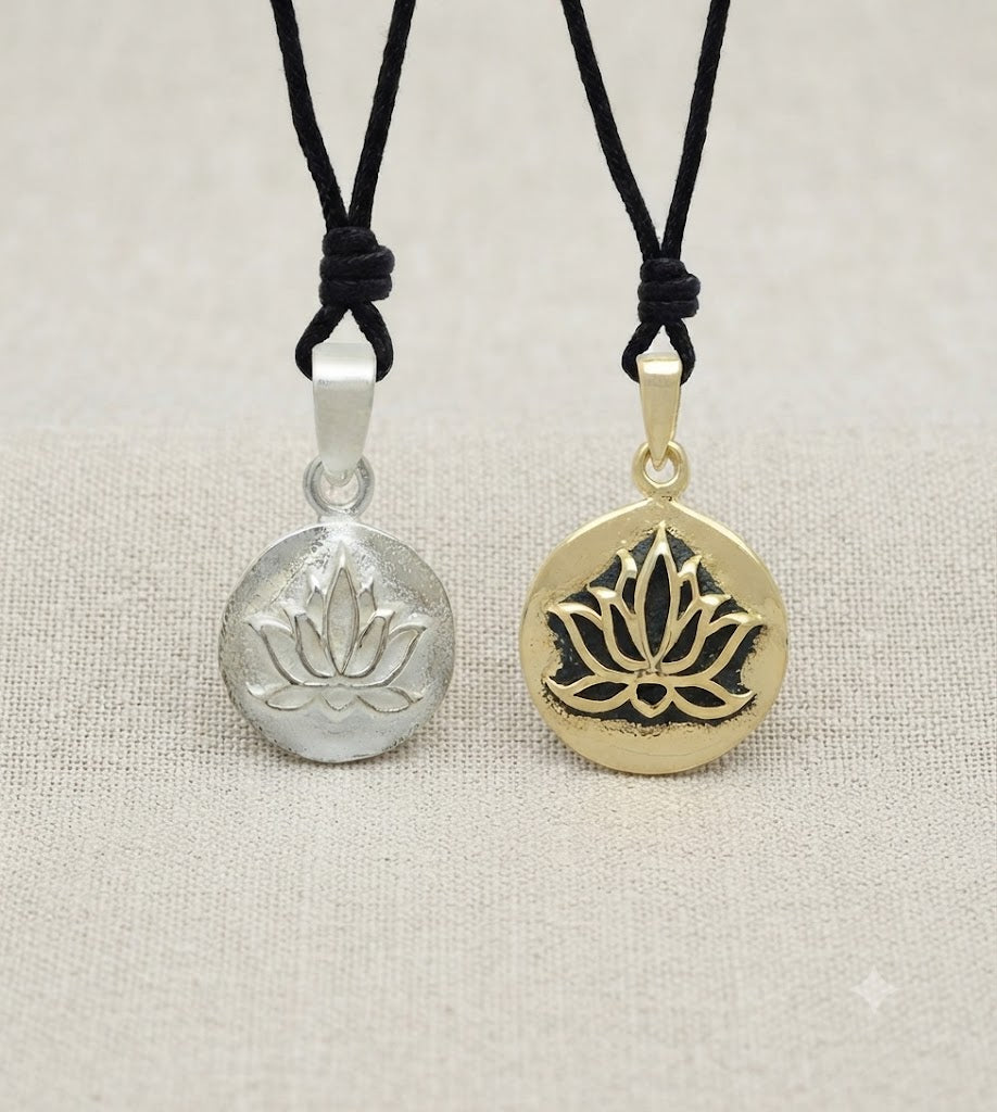Lotus 92.5 Sterling Silver Pewter Brass Round Charm Necklace Pendant Jewelry