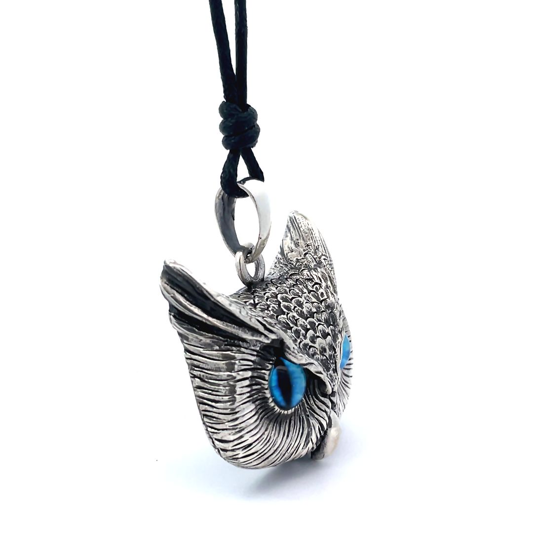 Vintage Gothic Owl Blue Eyes Large Size Sterling Silver Pendant Necklace
