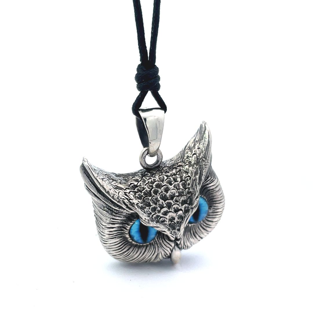 Vintage Gothic Owl Blue Eyes Large Size Sterling Silver Pendant Necklace