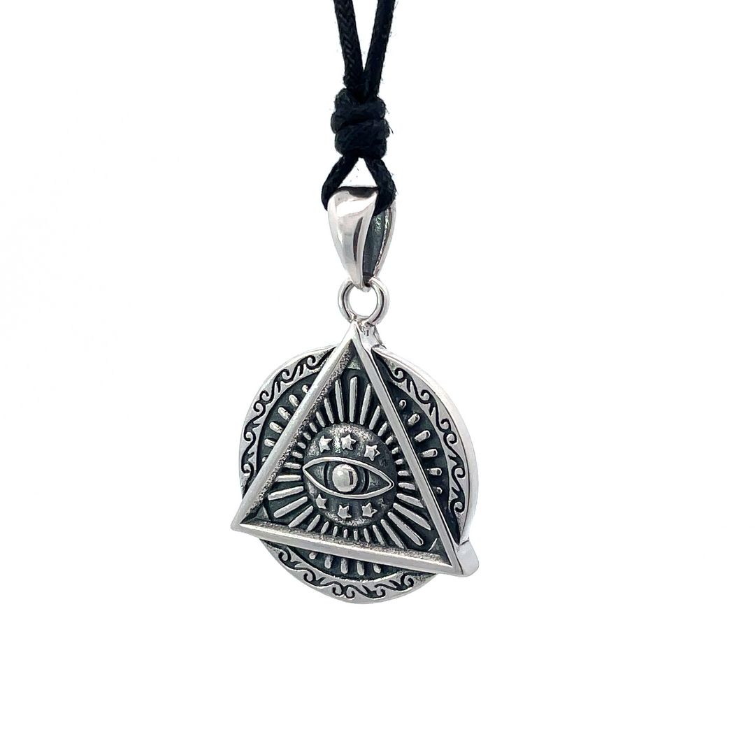 Evil Eye Retro Punk Style Round Triangle Pendant Men and Women Sterling Silver Pendant Necklace