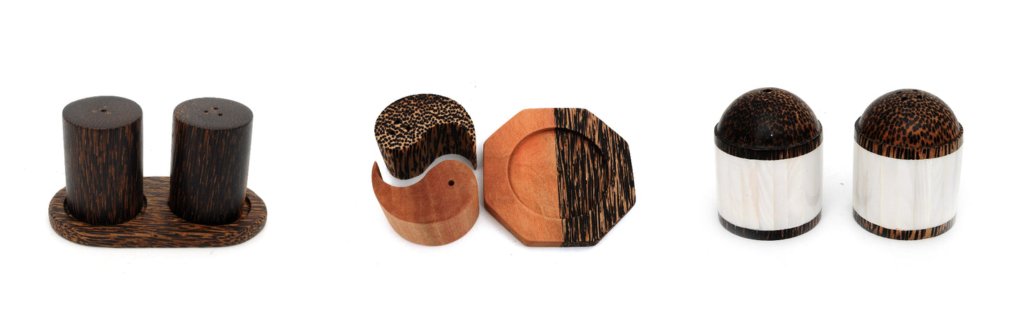 Handmade Natural Set of Palm Wood Salt & Pepper Shakers Box Containers White Mother of Pearl Inlay