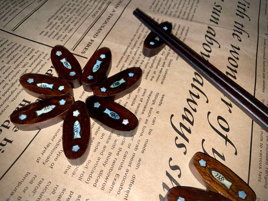 Set Of 10 Handcrafted Mother Of Pearl & Wooden Chopstick Rest Spoon Fork Knife Holder