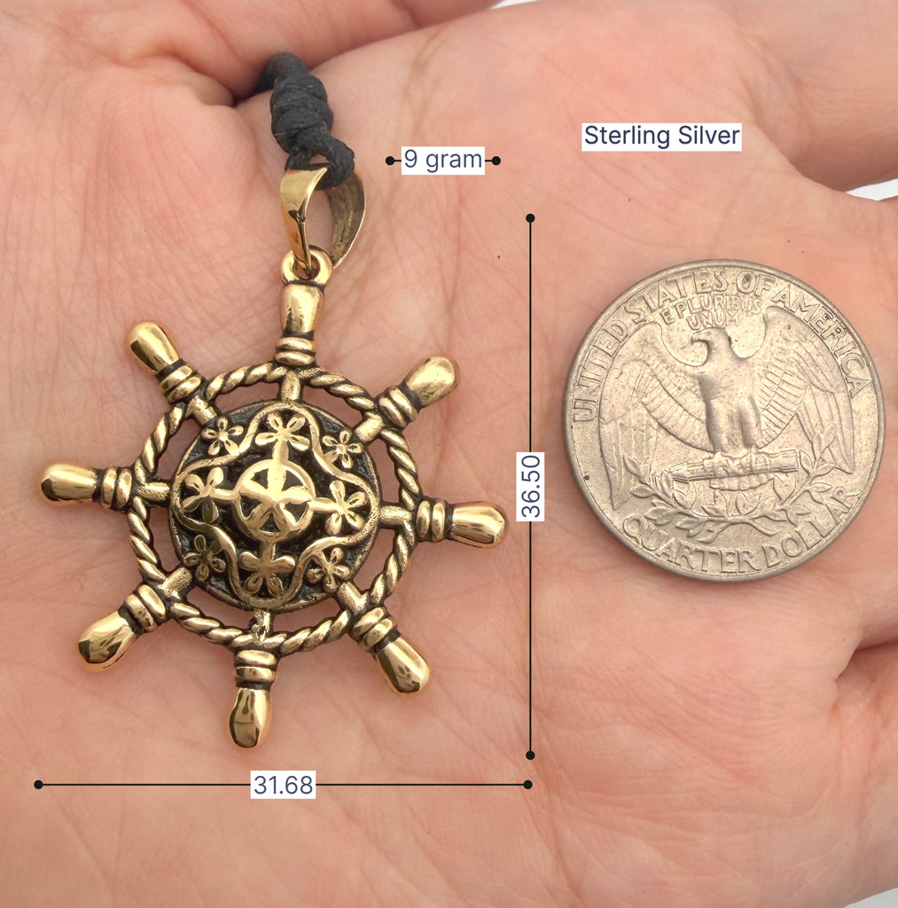 Large Antique Bronze Ship Wheel Pendant Charm Necklace Pendent Jewelry