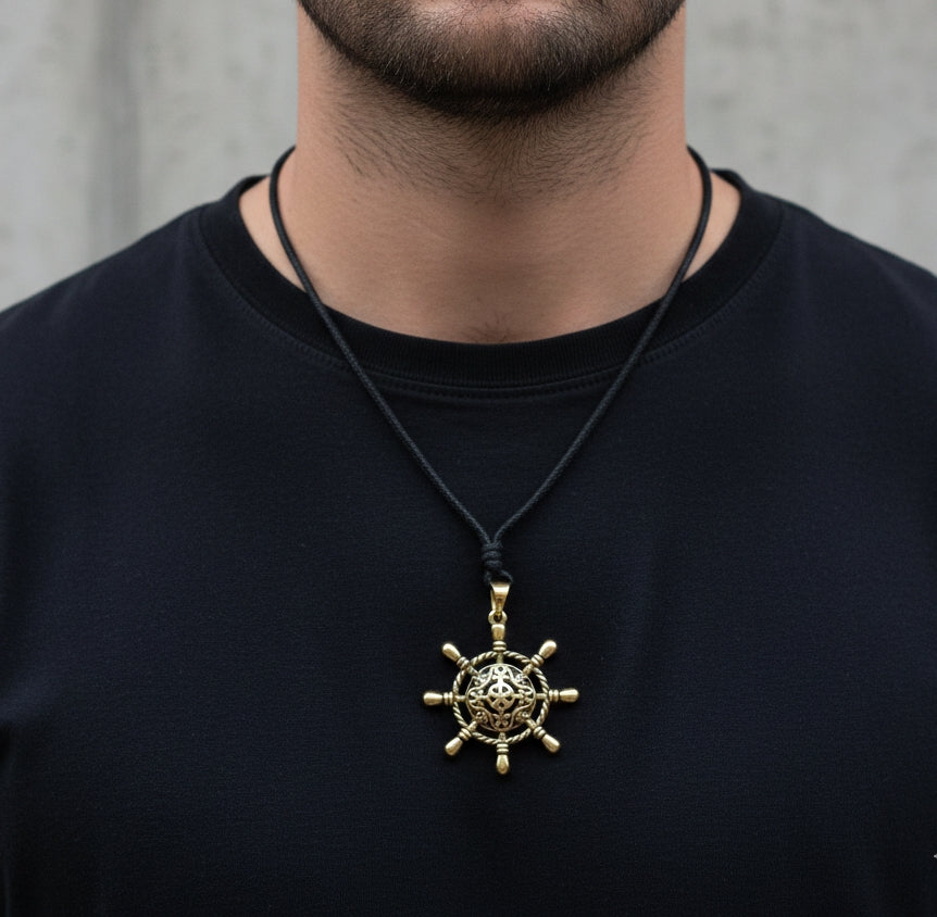 Large Antique Bronze Ship Wheel Pendant Charm Necklace Pendent Jewelry