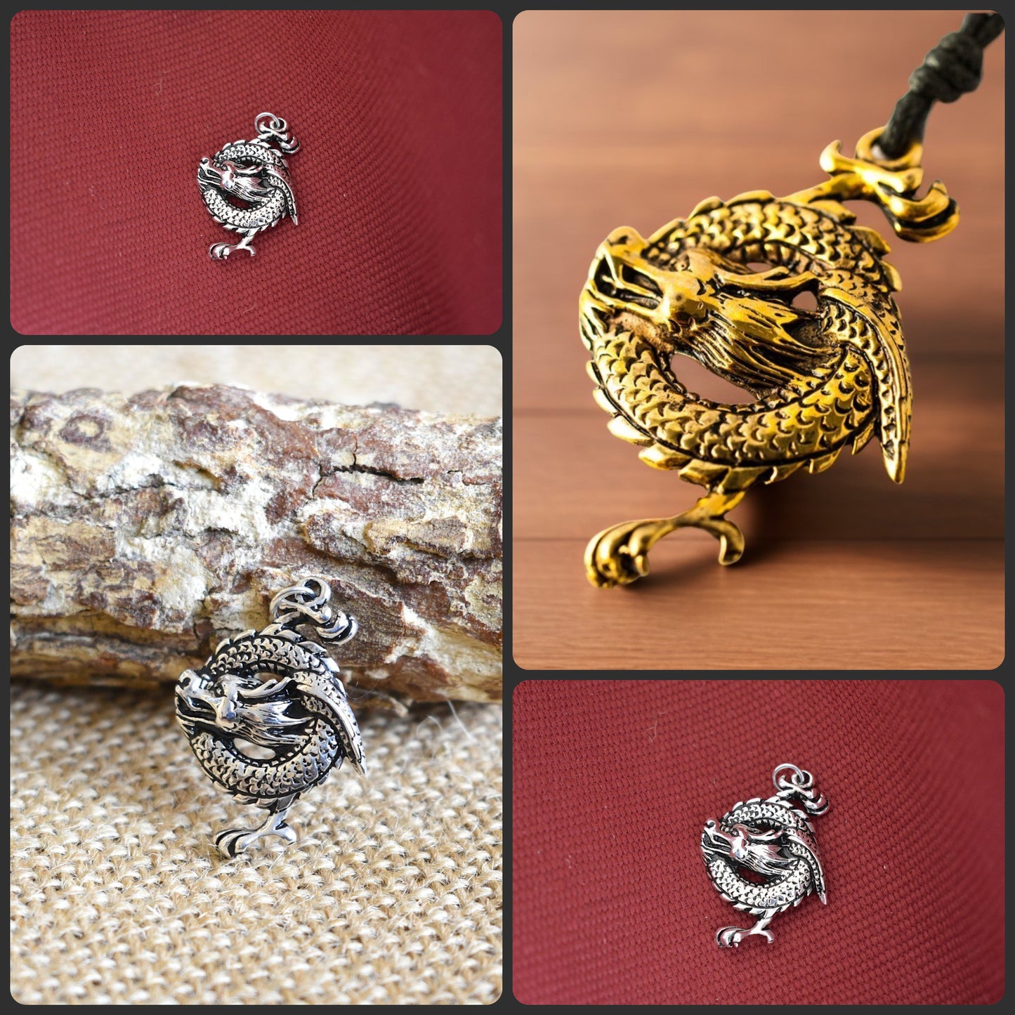 New Year Of The Dragon Gold Brass Sterling Silver  Charm Necklace Pendant Jewelry