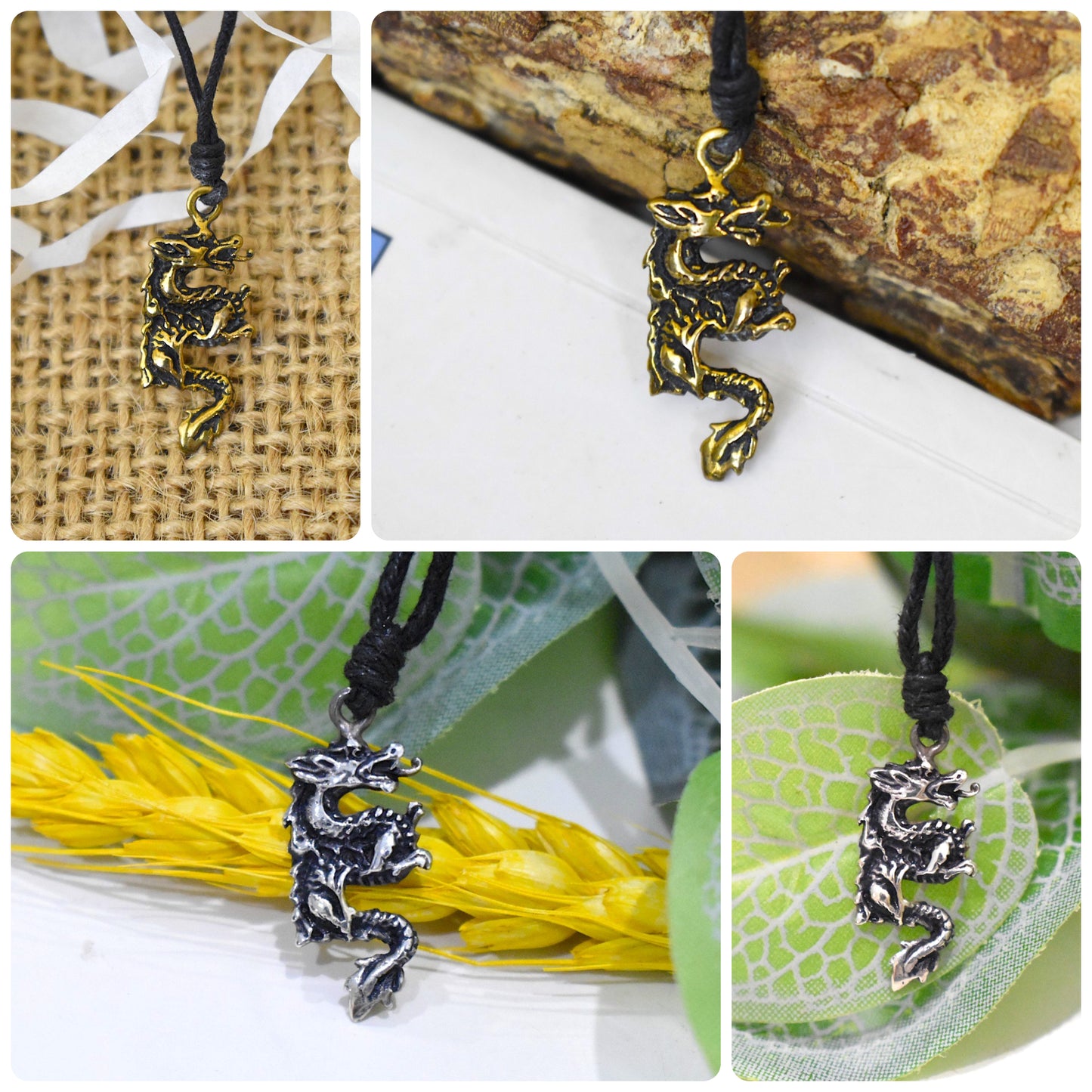 Dragon Chinese Handmade Sterling Silver Gold Brass Necklace Pendant Jewelry