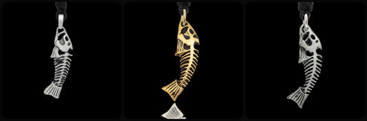 Stylish Fish Skeleton Silver Pewter Gold Brass Charm Necklace Pendant Jewelry
