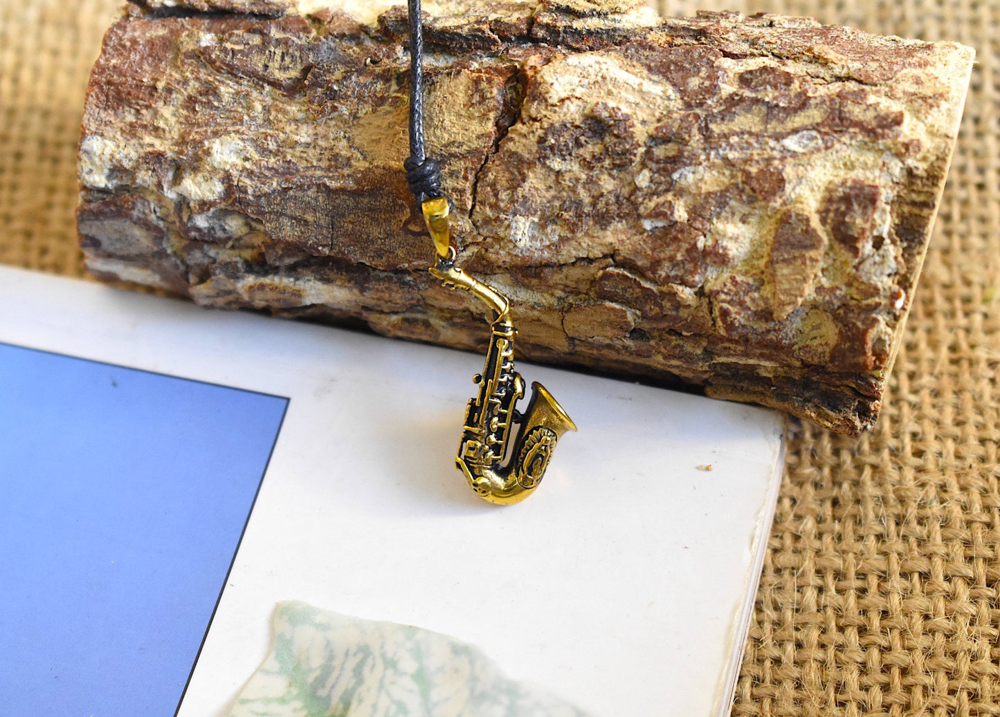 Saxophone Music Instrument Handmade Gold Brass Necklace Pendant Jewelry