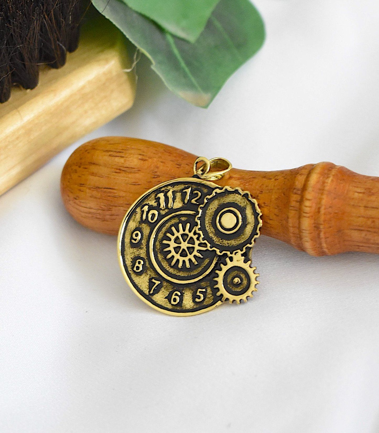 Steam Punk Clock Gear Handmade Gold Brass Necklace Pendant Jewelry