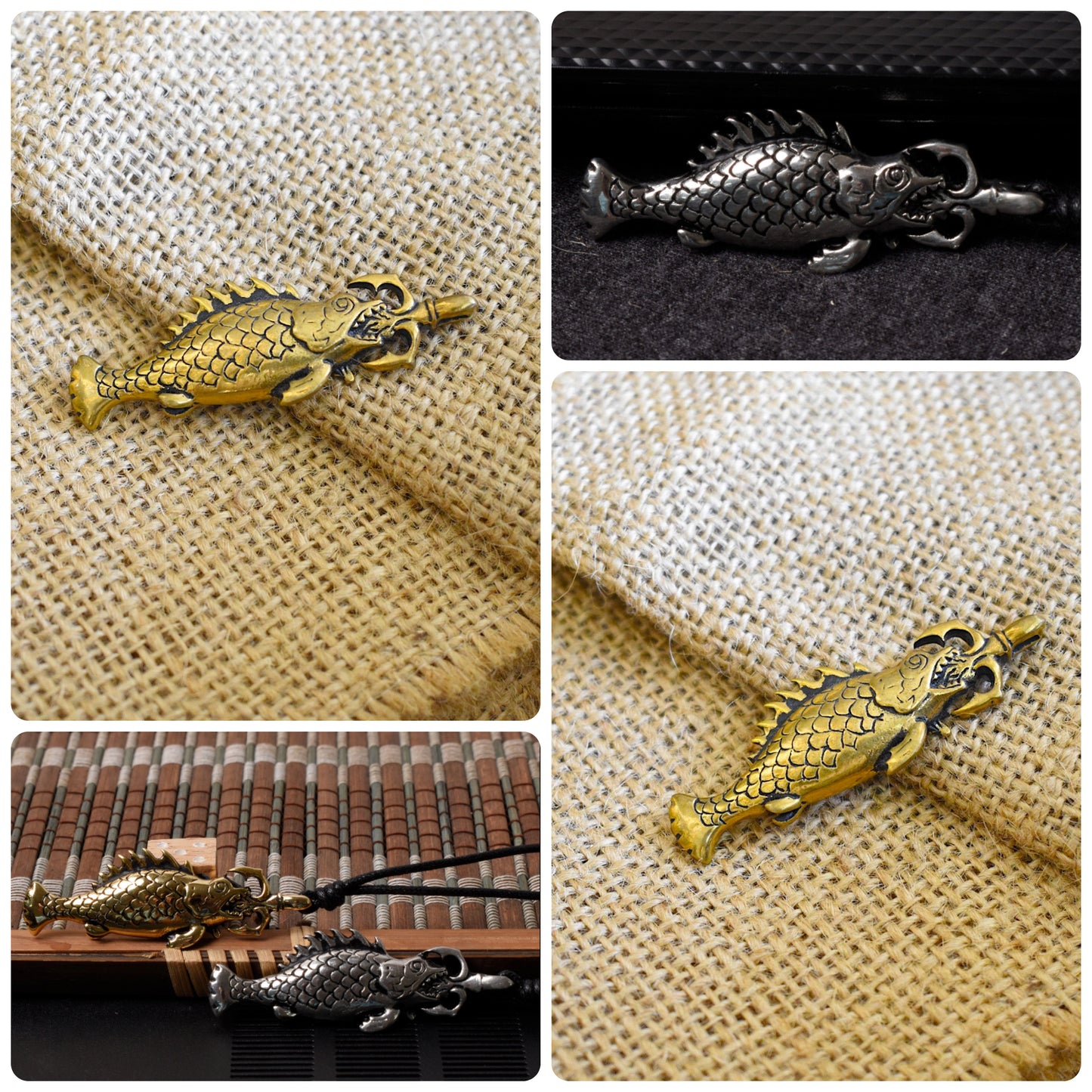 Fish Swallowing Sword Silver Pewter Gold Brass Charm Necklace Pendant Jewelry