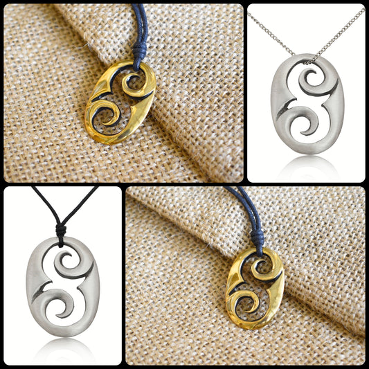 Tribal Maori Oval Abstract Silver Pewter Gold Brass Necklace Pendant Jewelry