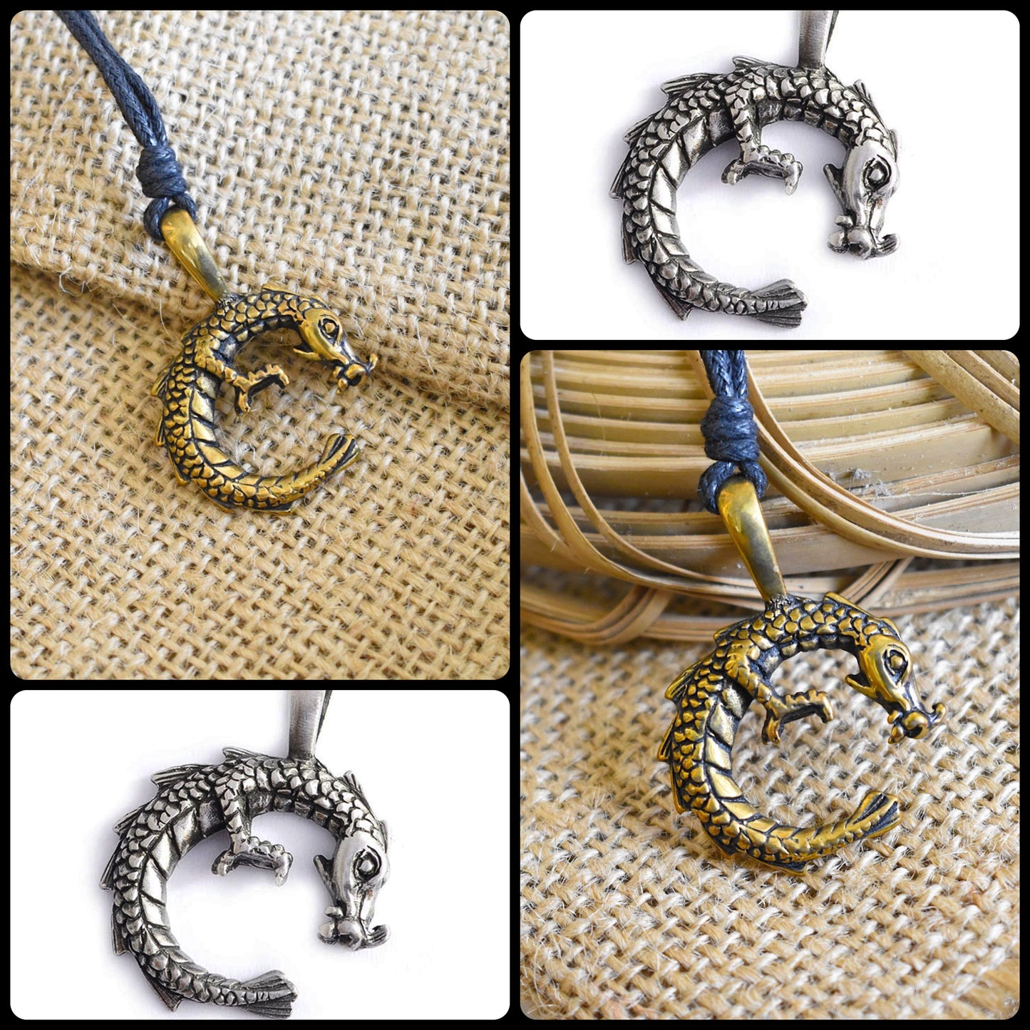 Chinese Dragon Silver Pewter Gold Brass Charm Necklace Pendant Jewelry