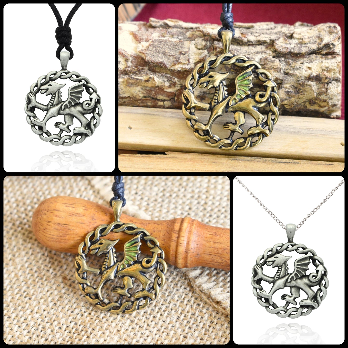 Dragon Amulet Crest Silver Pewter Gold Brass Necklace Pendant Jewelry