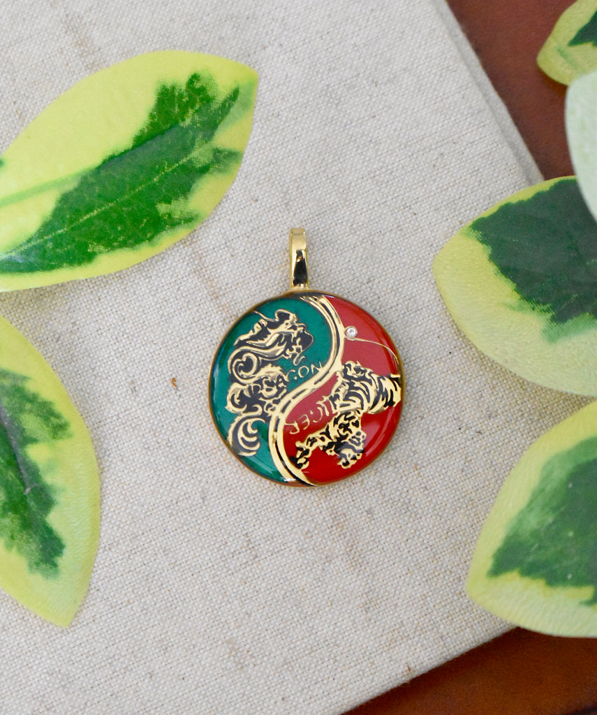 Tiger Dragon Colorful Yin Yang Handmade Brass Necklace Pendant Feng Shui Jewelry