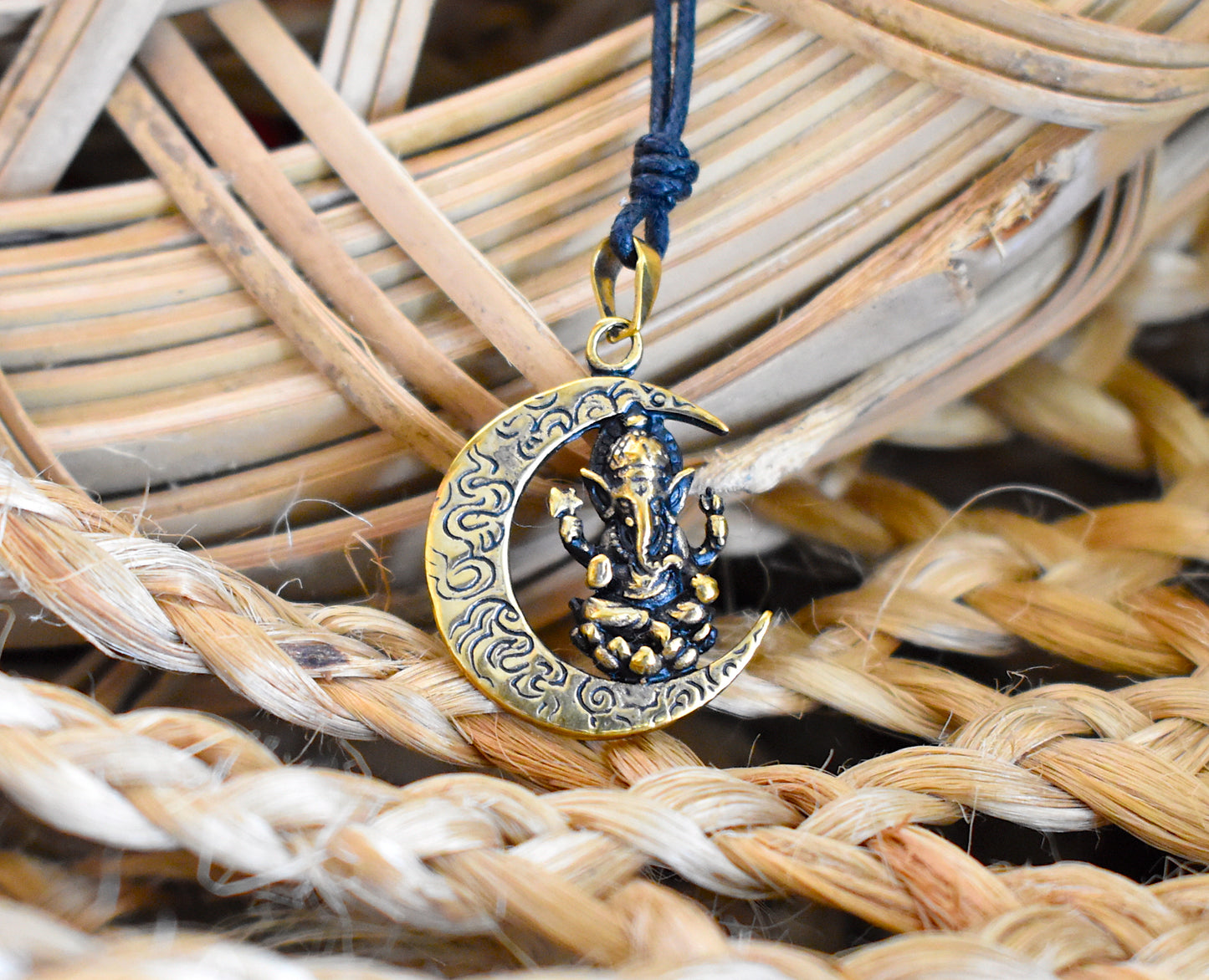 Ganesh Indian God Moon Handmade Brass Charm Necklace Pendant Jewelry
