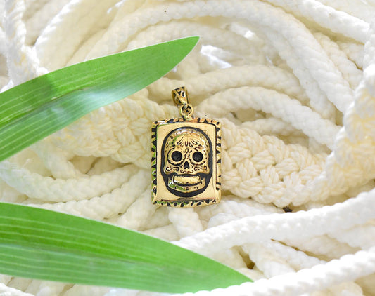 Mexican Skull Jesus Gold Brass Necklace Pendant Jewelry