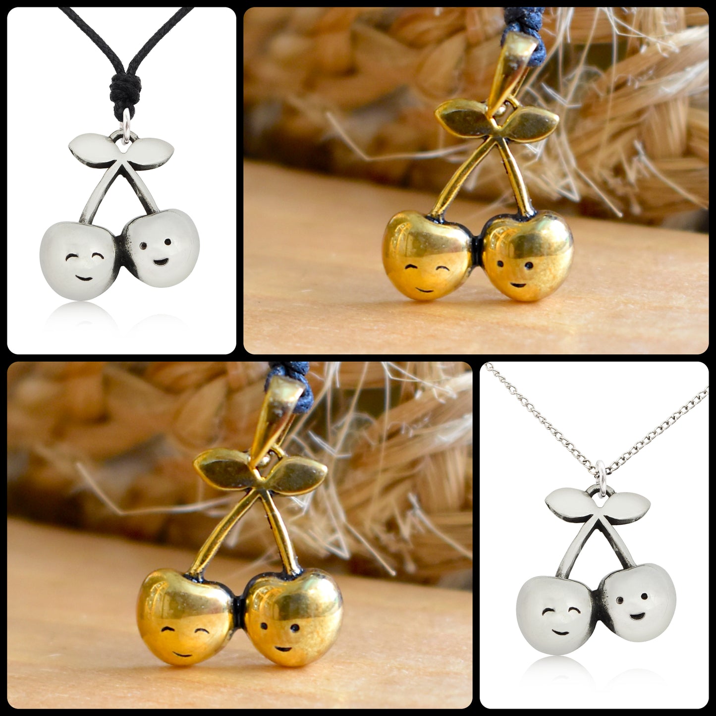 Happy Cherries Silver Pewter Gold Brass Necklace Pendant Jewelry