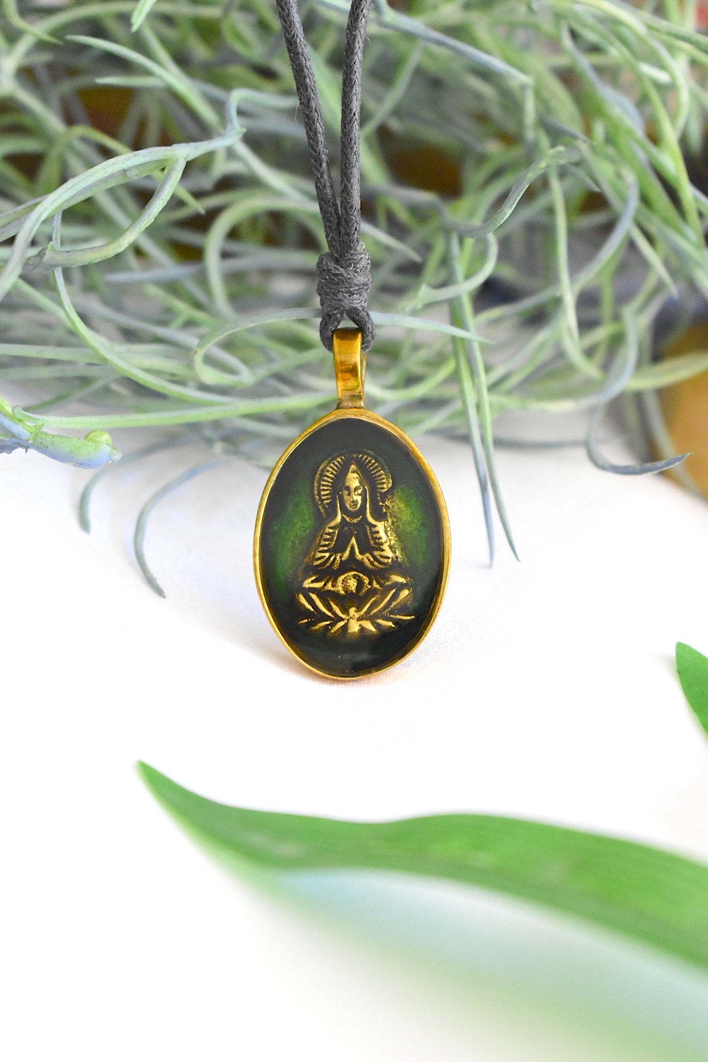 Guan Yin Goddess Meditating On Lotus Throne Brass Charm Necklace Pendant Jewelry