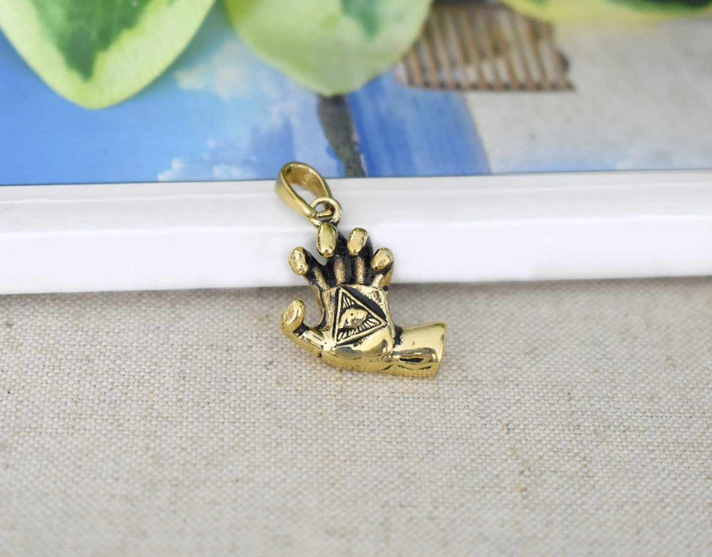 Eye Of Providence In Hand Gold Brass Charm Necklace Pendant Jewelry
