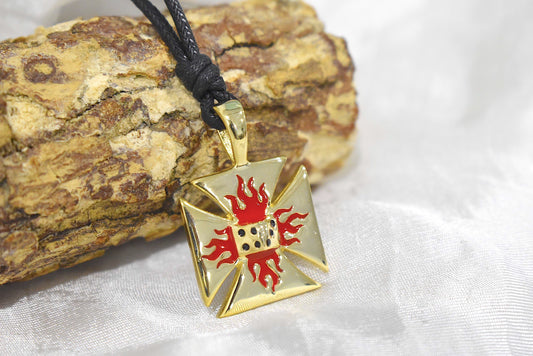 Cross With Flaming Dice Handmade Gold Brass Necklace Pendant Jewelry