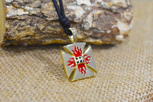 Cross With Flaming Dice Handmade Gold Brass Necklace Pendant Jewelry