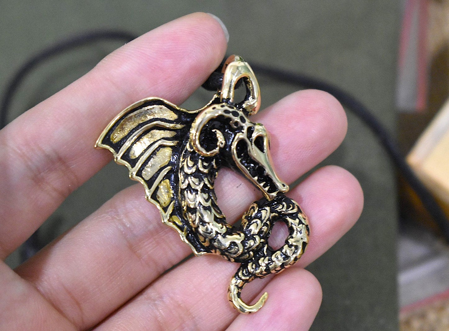 Fire Dragon Handmade Gold Brass Charm Necklace Pendant Jewelry