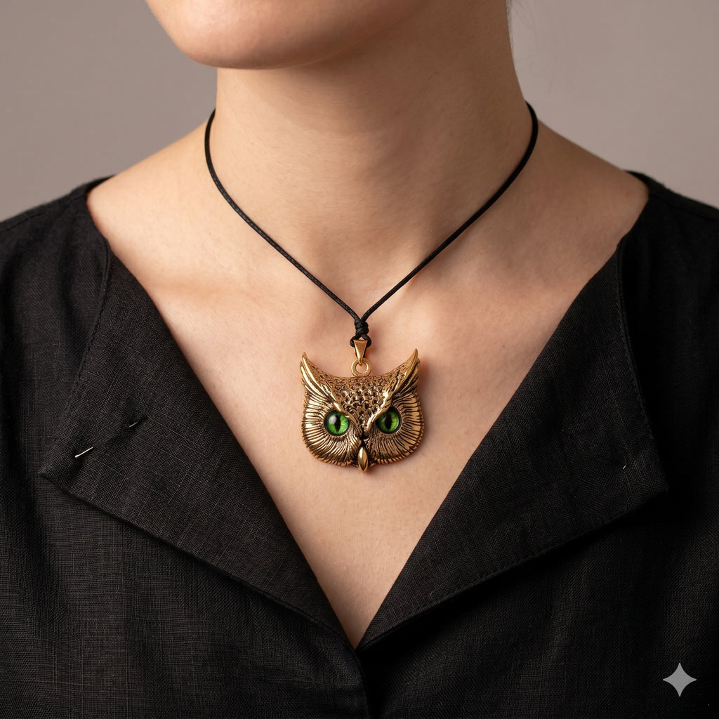 Vintage Gothic Owl Blue Eyes Large Size 92.5Sterling Silver Gold Brass Pendant Necklace