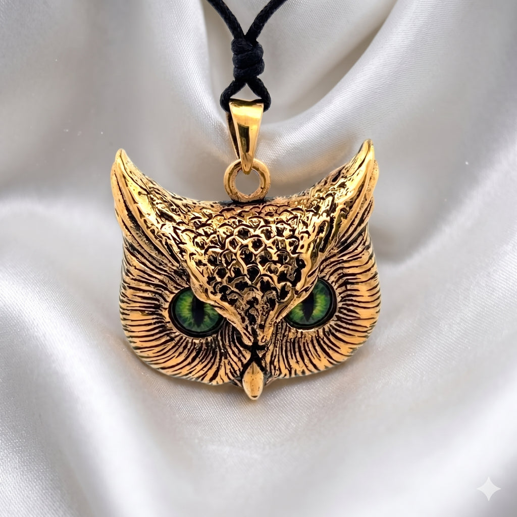 Vintage Gothic Owl Blue Eyes Large Size 92.5Sterling Silver Gold Brass Pendant Necklace