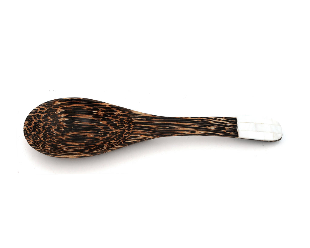 Handcrafted Natural Palm Wood Chinese Soup Spoon With Mother of Pearl Inlay