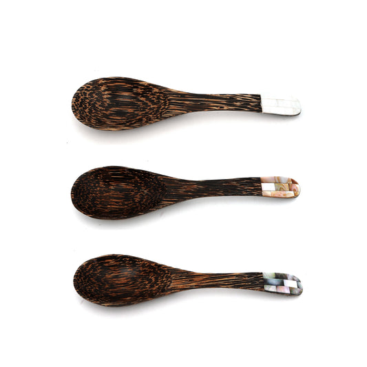 Handcrafted Natural Palm Wood Chinese Soup Spoon With Mother of Pearl Inlay