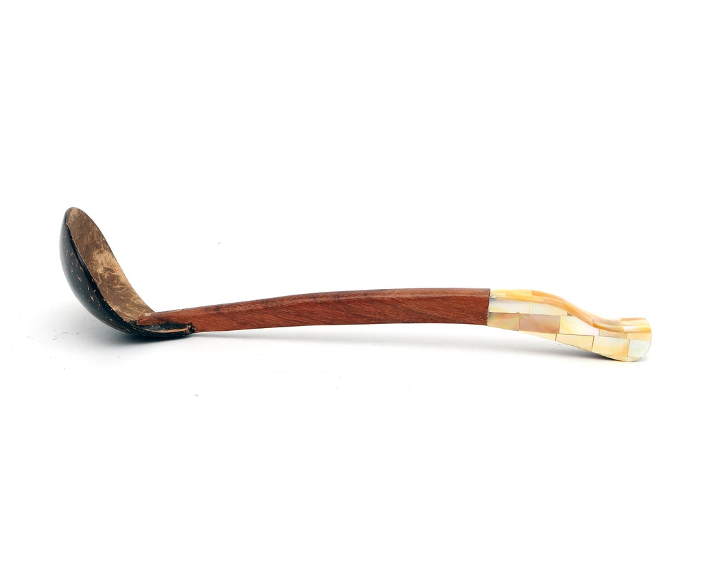 Myanmar Handmade Natural Wood Spoon Ladle With Mother of Pearl Seashell Inlay