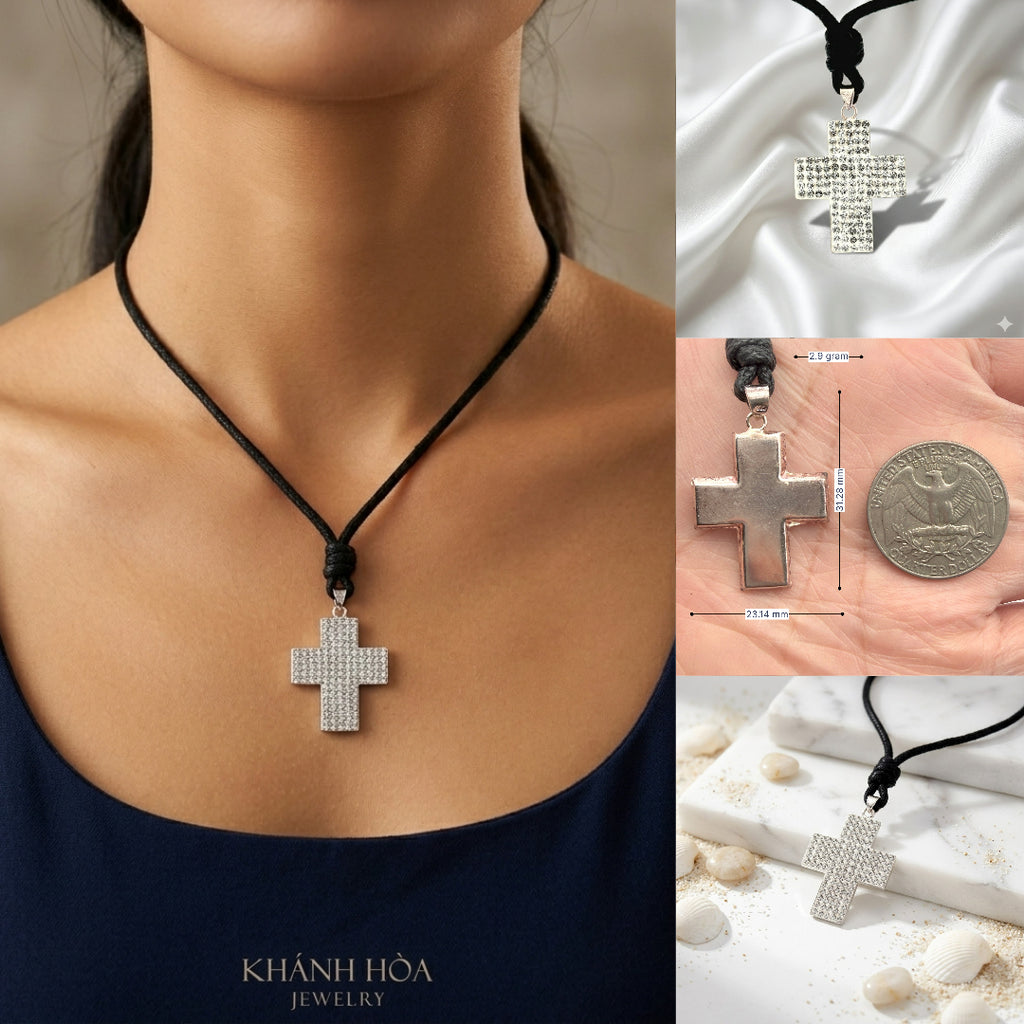 Elegant Multicolor Rhinestone Cross Charm 92.5 Sterling Silver  Necklace Pendant Jewelry