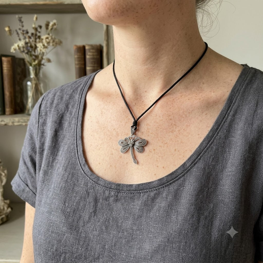 New Dragonfly Silver Pewter Charm Necklace Pendant Jewelry With Cotton Cord
