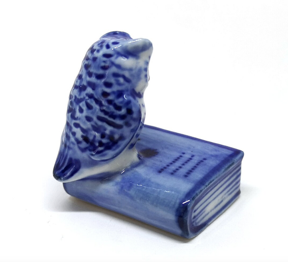 Blue Owl Bird On the Book Figurine Ceramic Tiny Handicraft Miniature Dollhouse