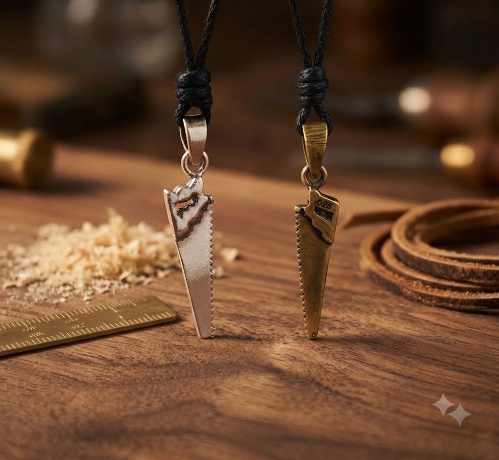 Hand Saw 92.5 Sterling Silver Gold Brass Necklace Pendant Jewelry