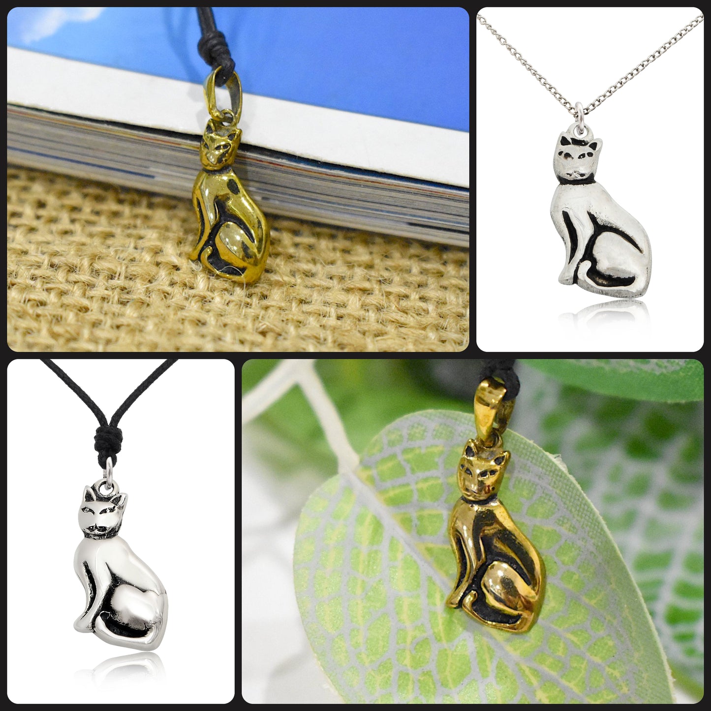 New Cat Sheba Silver Pewter Sterling Silver Gold Brass Charm Necklace Pendant Jewelry