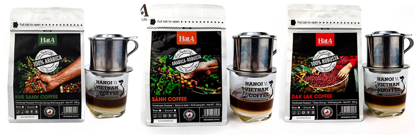 Hat A - Ground Coffee 3 Flavours 100% Arabica, 100% Robusta, Arabica & Robusta 200g