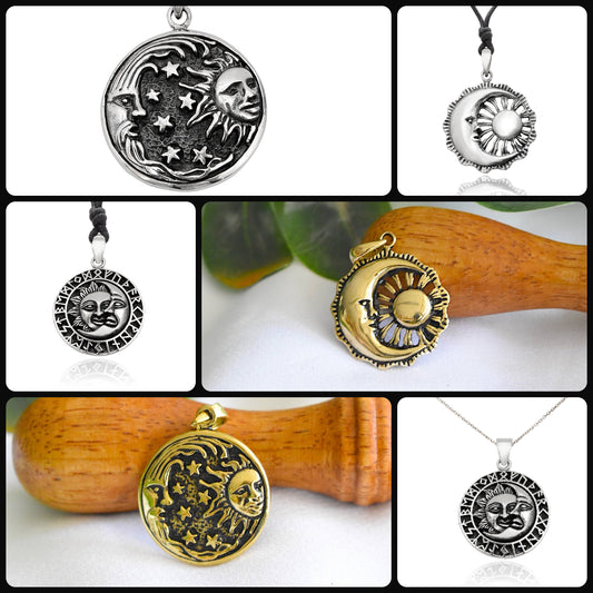 Sun Moon YinYang Runes Runic Sterling Silver Brass Pewter Necklace Pendant Jewelry