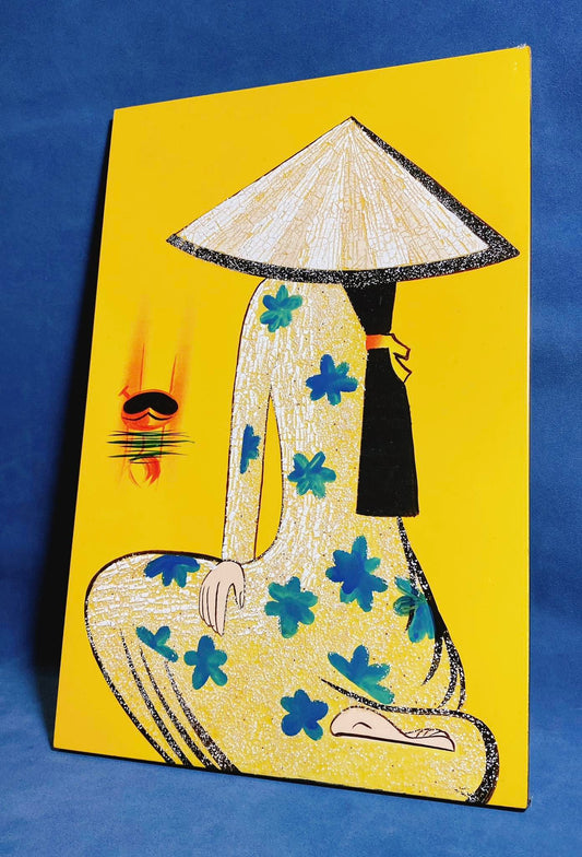 Vietnamese Lacquer Eggshell Art Woman Ao Dai Dress Home Decor