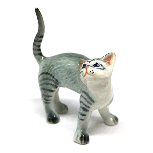 Ceramic Cat Figurine Miniatures Stretching Gray Pet Lovers Collectibles Hand Painted Animal Poecelain