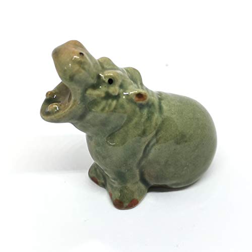 Ceramic Hippo Figurine Sitting Hand Painted Porcelain Terrarium Garden Decor Collectibles