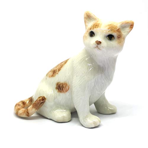 ZOOCRAFT Ceramic Cat Figurine Porcelain Handmade Miniatures Collectible White Brown Sitting