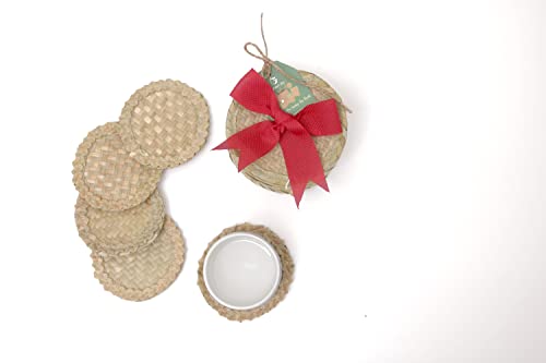 Green Joy Handmade Natural Grass Coasters - Handmade Teacup Coasters, Coaster Set, Gift Set, Kitchen Gift, Green Coasters, Non- Paper Coasters, Table Coaster, Non-Slip Coasters Set 6+1 PCS (4.7 " Round)