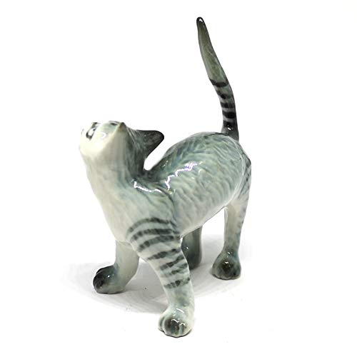 Ceramic Cat Figurine Miniatures Stretching Gray Pet Lovers Collectibles Hand Painted Animal Poecelain