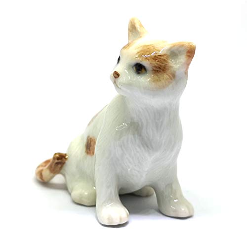 ZOOCRAFT Ceramic Cat Figurine Porcelain Handmade Miniatures Collectible White Brown Sitting