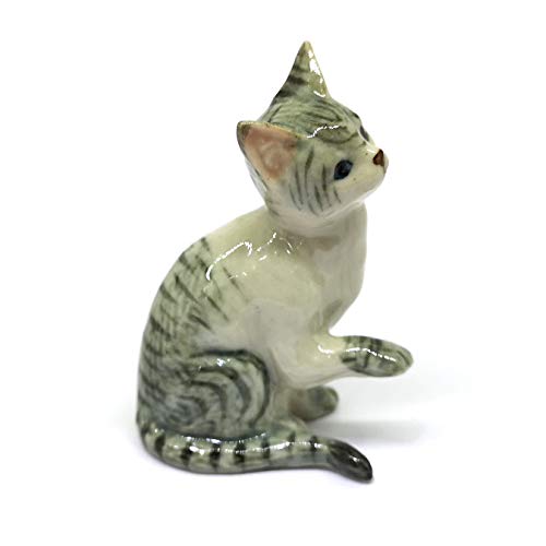 Collectible Ceramic Tabby Cat Figurine Gray Collectible Dollhouse Miniatures Gift for Cat Lovers